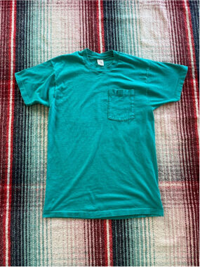 90s Fruit of the Loom Teal Selvedge Pocket Tee L